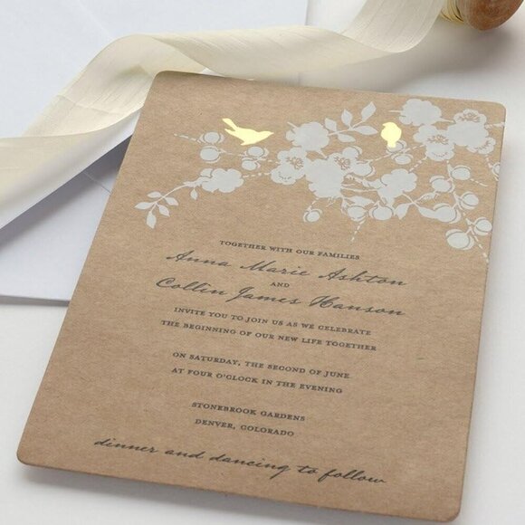 Gold Foil Birds Kraft Print-At-Home Wedding Invitation Kit & Response Cards 50 - Picture 1 of 4